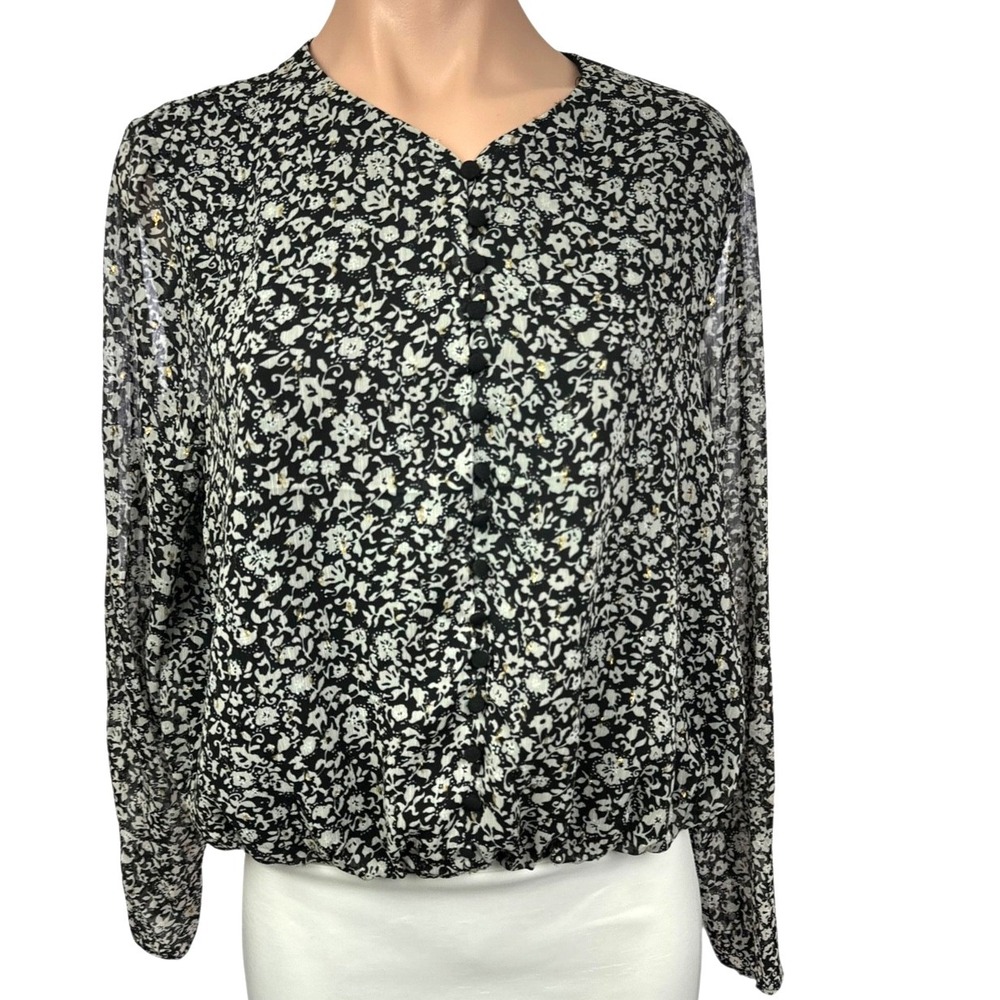 Rachel Zoe Pullover Top Blouse Sz M Long Sleeve Black w White Floral Polyester